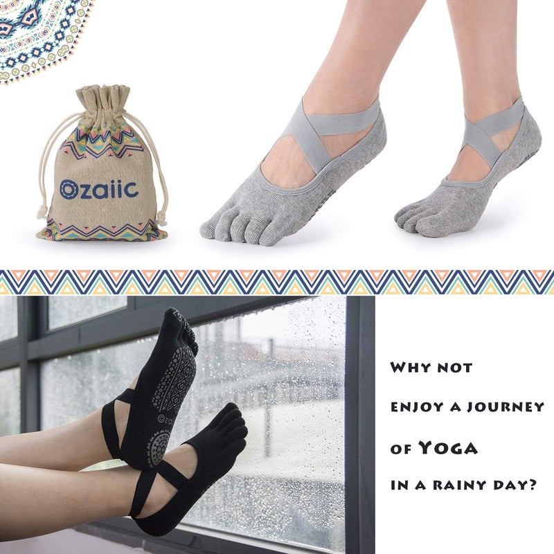 Ozaiic Yoga Socks for Women with Grips, Non-Slip Five Toe Socks for Pilates, Barre, Ballet, Fitness - Image 3